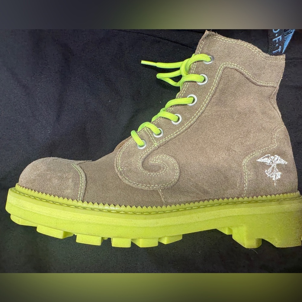 John Fluevog Olive Brown Suede Combat Boots with Neon Yellow-Green Soles